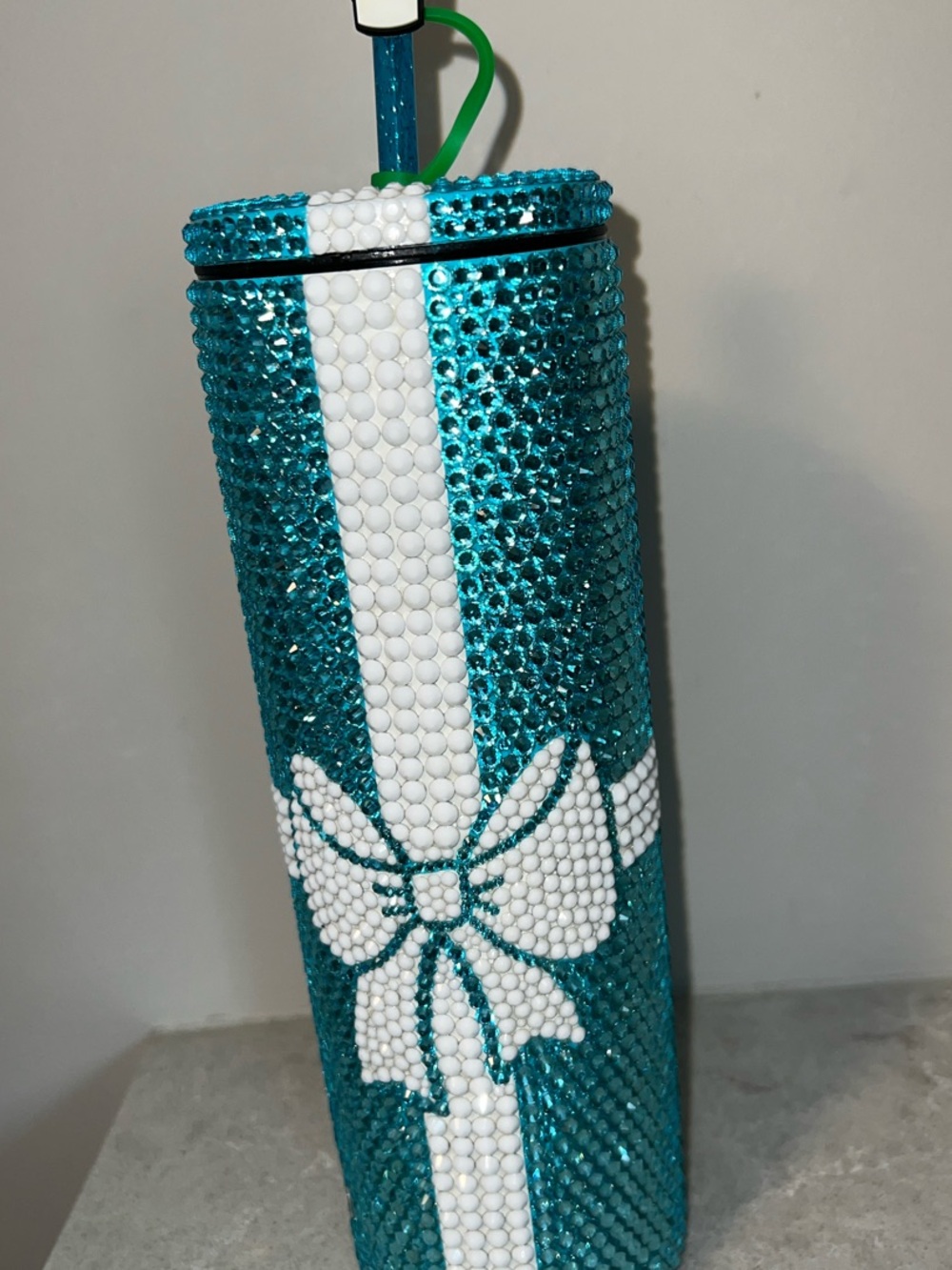 NWOT Starbucks Teal and White Crystal Bow Tumbler